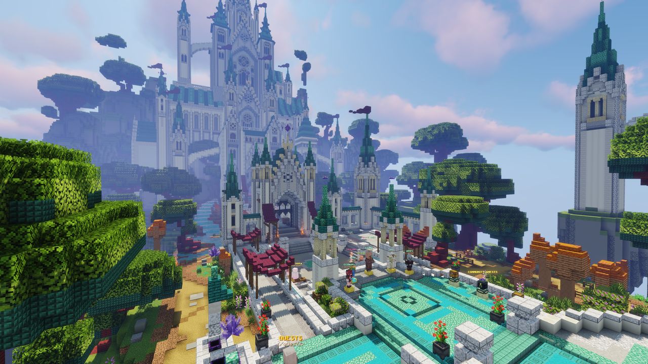 The SmileMoreCraft spawn: a white cathedral among floating islands, above a plaza of aqua pools and server NPCs