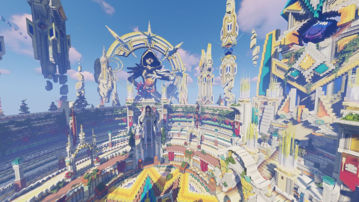 The SMC PvP Arena, a round colosseum with a giant hooded statue under a golden arch