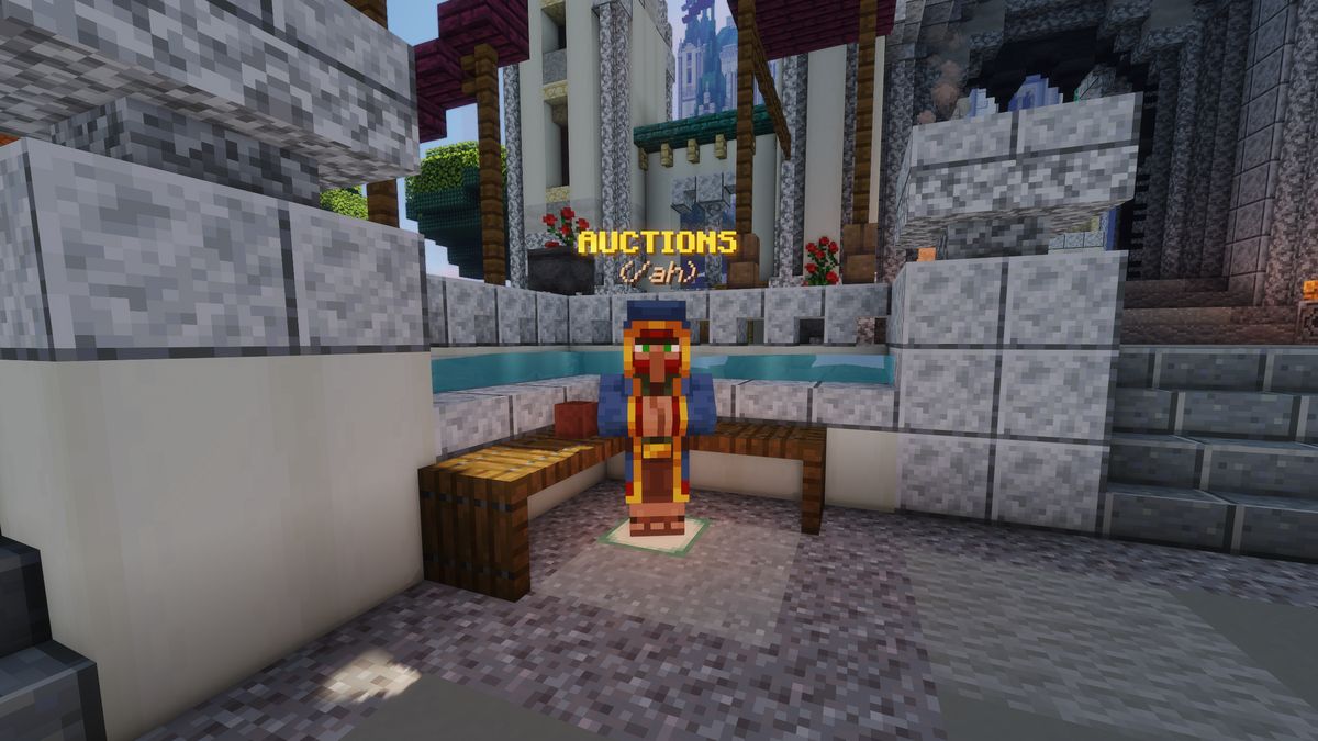 The Auctions NPC on a bench at spawn, under the AUCTIONS (/ah) sign