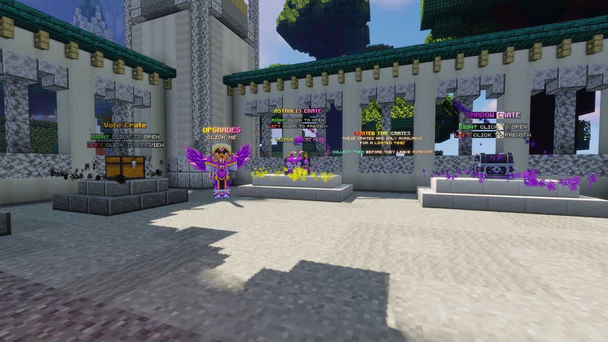 The crates courtyard at spawn: the Vote Crate, Upgrades, the Astralis Crate and the Shadow Crate