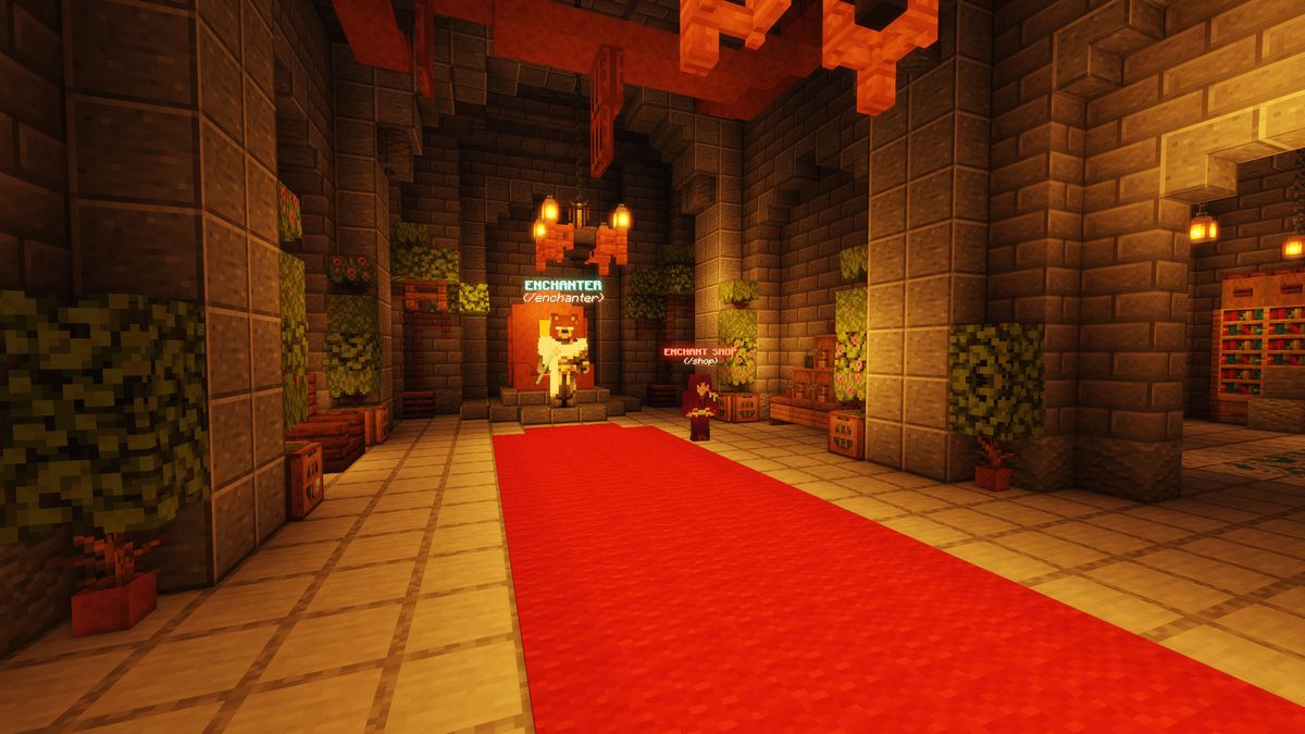 The Enchanter hall at spawn, a red carpet leading to the Enchanter and the Enchant Shop