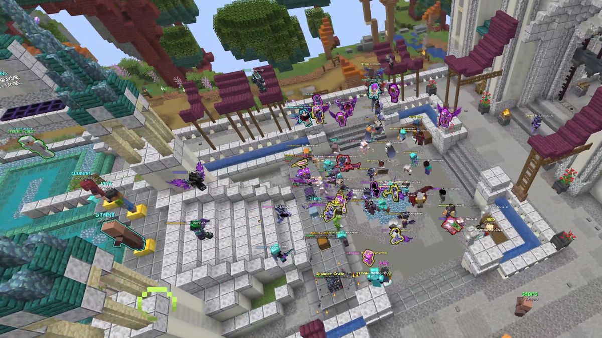 A crowd of players gathered on the spawn plaza for an event