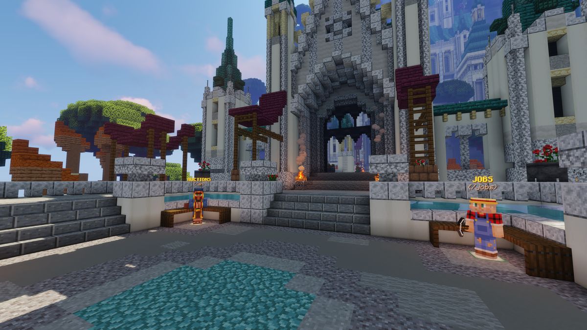 The Jobs NPC and the Auctions NPC in front of the spawn cathedral