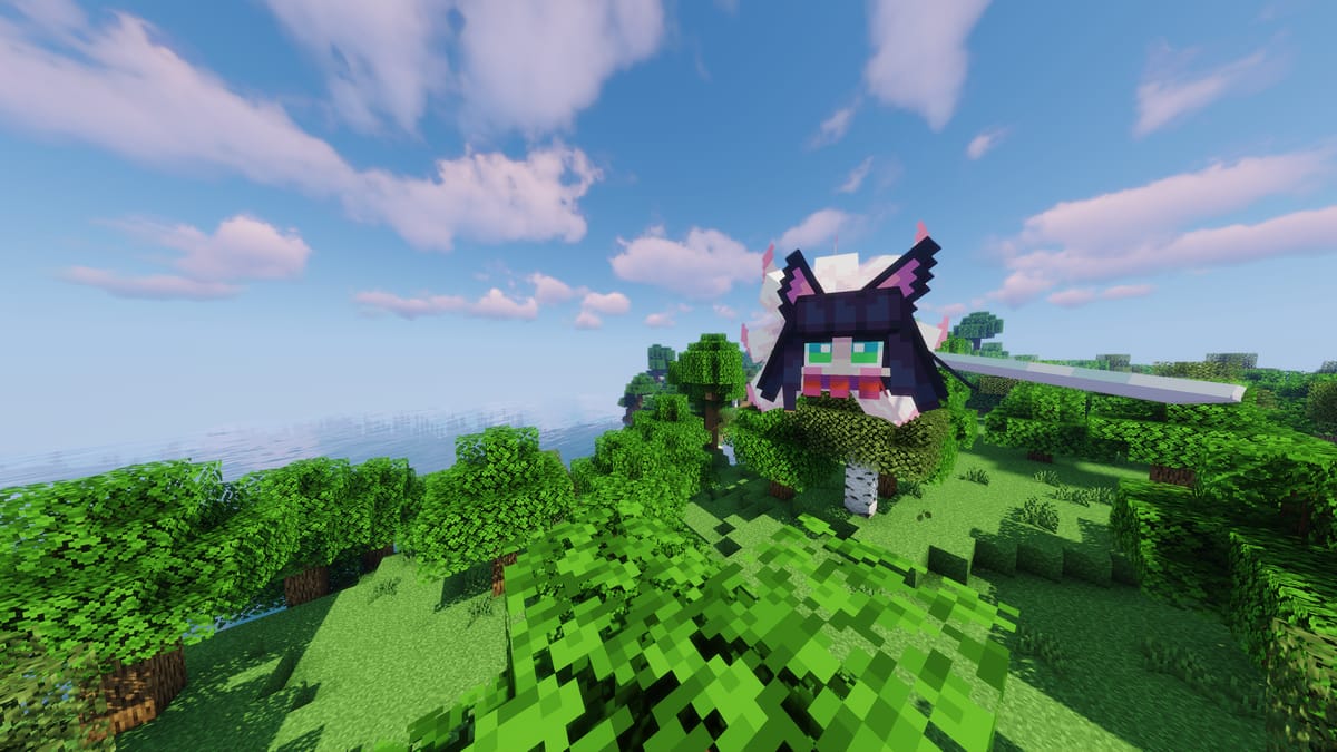 A cat-eared pet companion with a sword, floating above the treetops