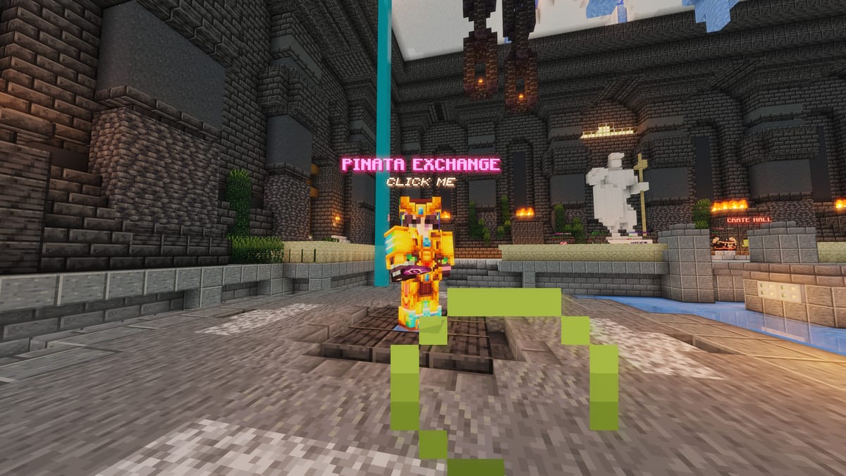 The Pinata Exchange NPC in golden armor inside the spawn hall