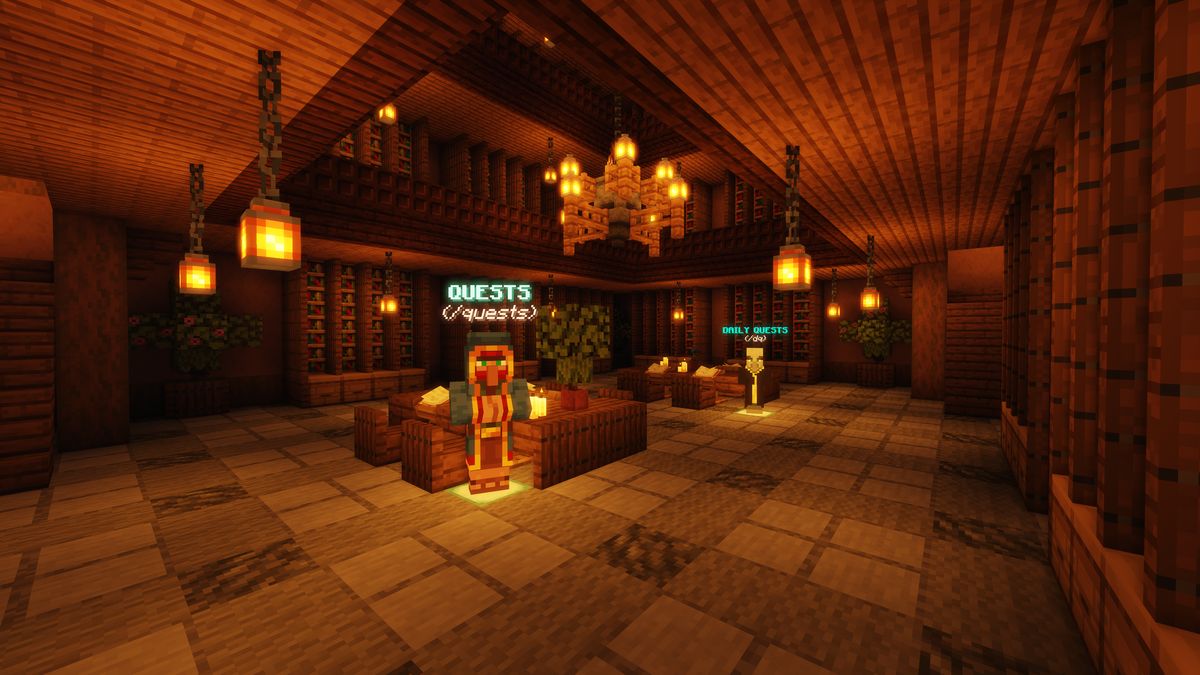 The Quests NPC and the Daily Quests NPC in a wooden hall under a chandelier