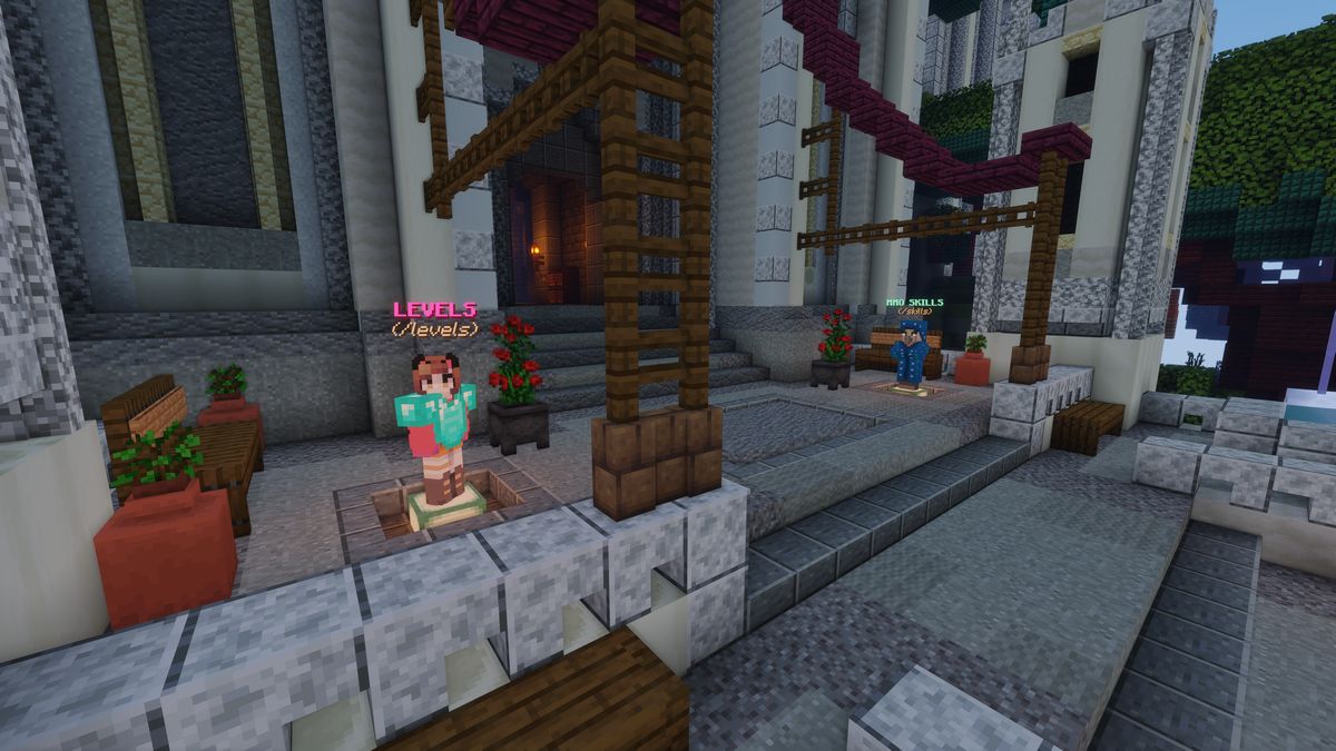 The Levels NPC and the MMO Skills NPC on the cathedral steps at spawn