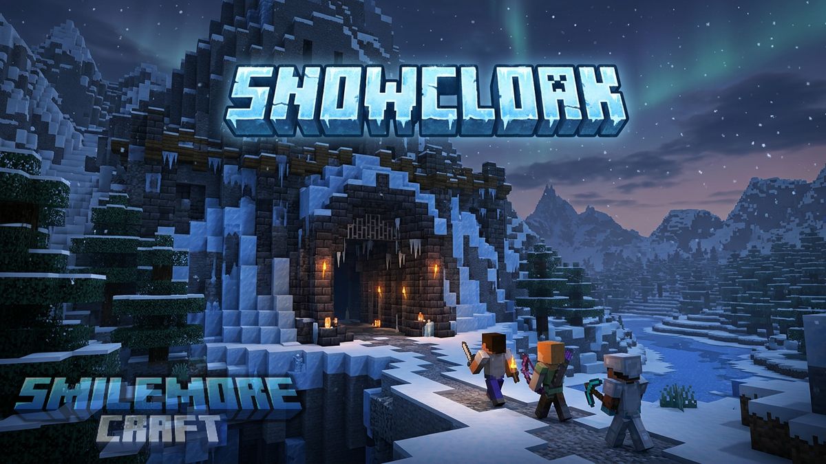 Snowcloak dungeon artwork: an icy cave entrance in snowy mountains, with three players walking up to it