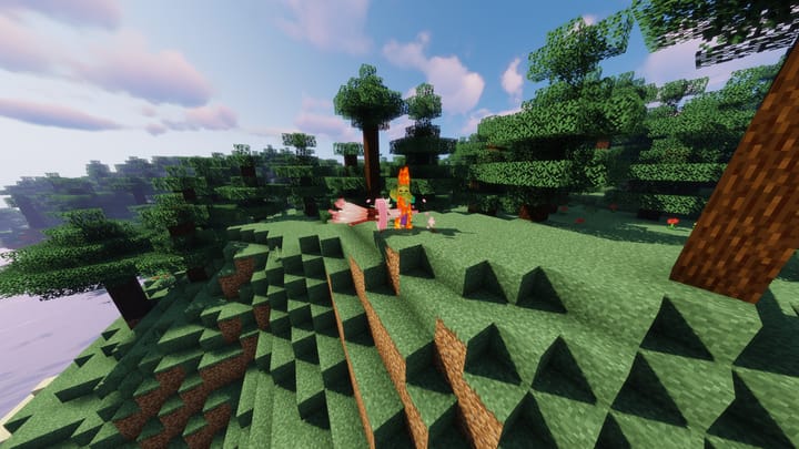 A player standing on a grassy hill between oak trees, a spot to settle down and claim