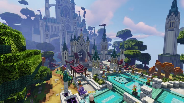 The spawn: a white cathedral among floating islands, above aqua pools and server NPCs
