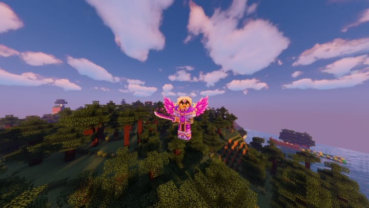A player with pink wings flying over the forests and coastline of the survival world