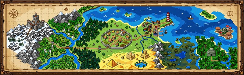 Illustrated pixel-art world map with snowy mountains, forests, a desert, a jungle and the sea