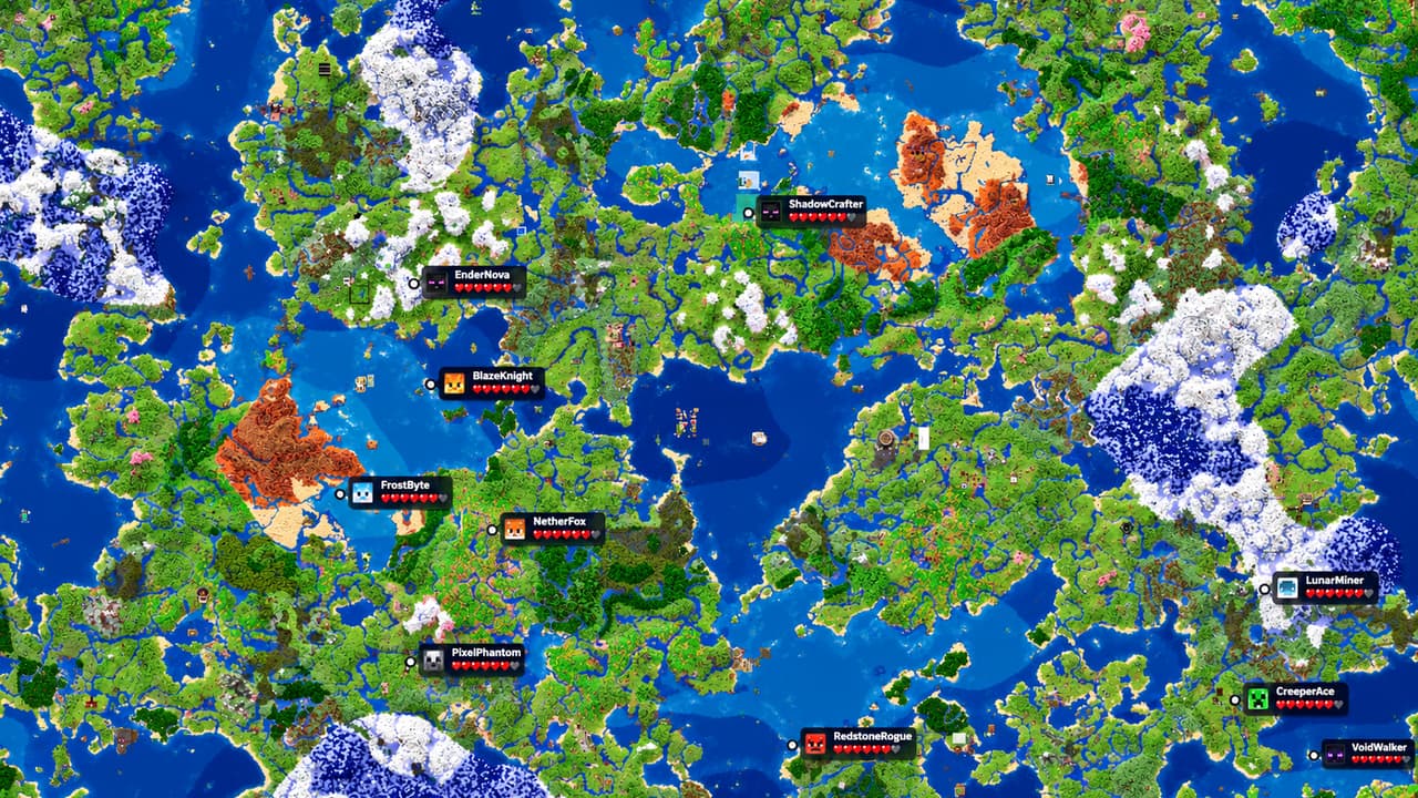 The SmileMoreCraft world map seen from above, with player markers